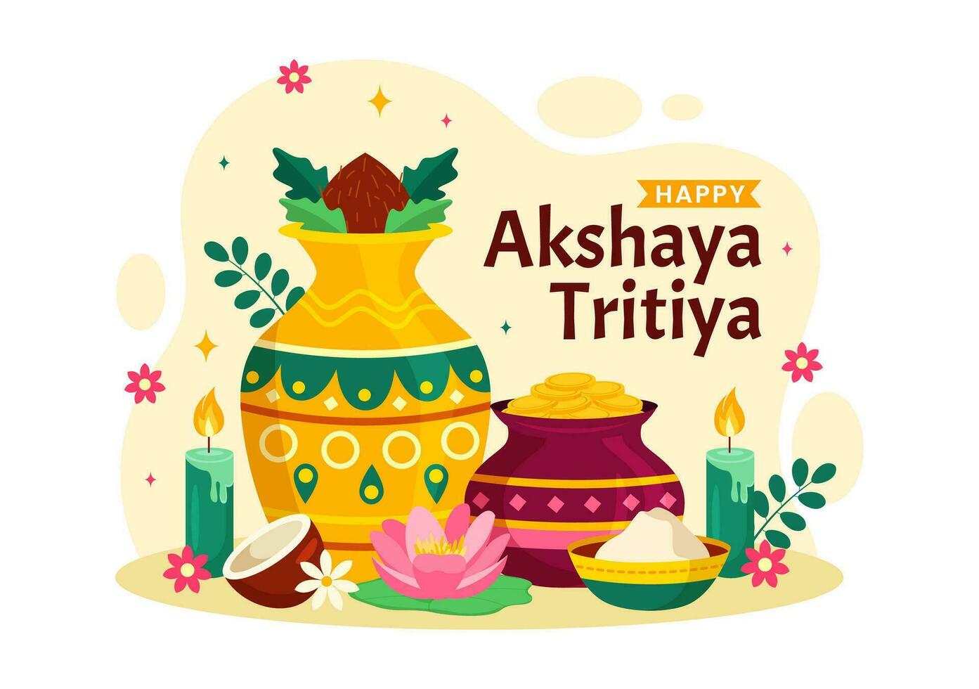 akshaya tritiya Festival vecteur illustration avec une d'or kalash, bougie, pot et or pièces de monnaie pour dhanteras fête dans traditionnel hindou vacances