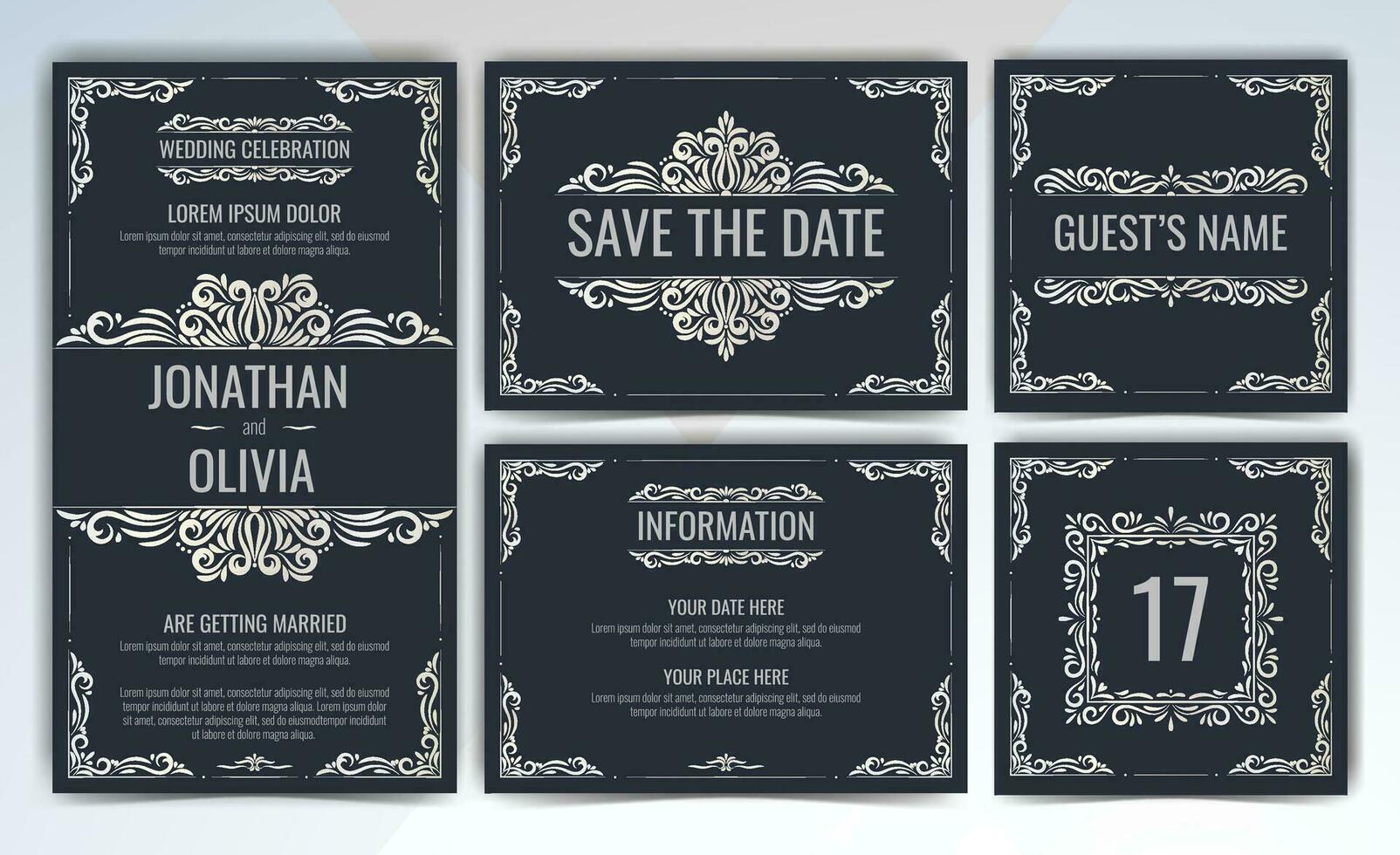 ensemble de mariage invitations cartes avec argent ornements. élégant classique inviter, enregistrer le date, table nombre et information conception. ancien victorien cadres et décorations. vecteur