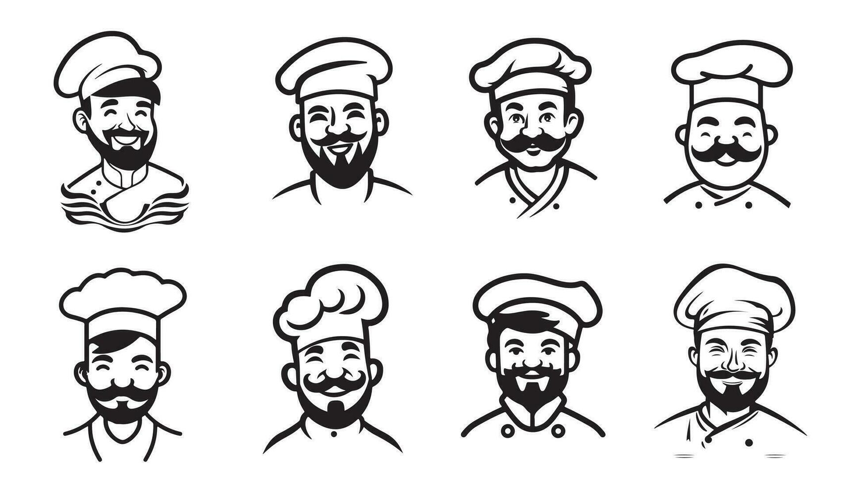 chef cuisinier tête emblèmes ensemble silhouette main dessiné. Icônes et panneaux, vecteur illustration