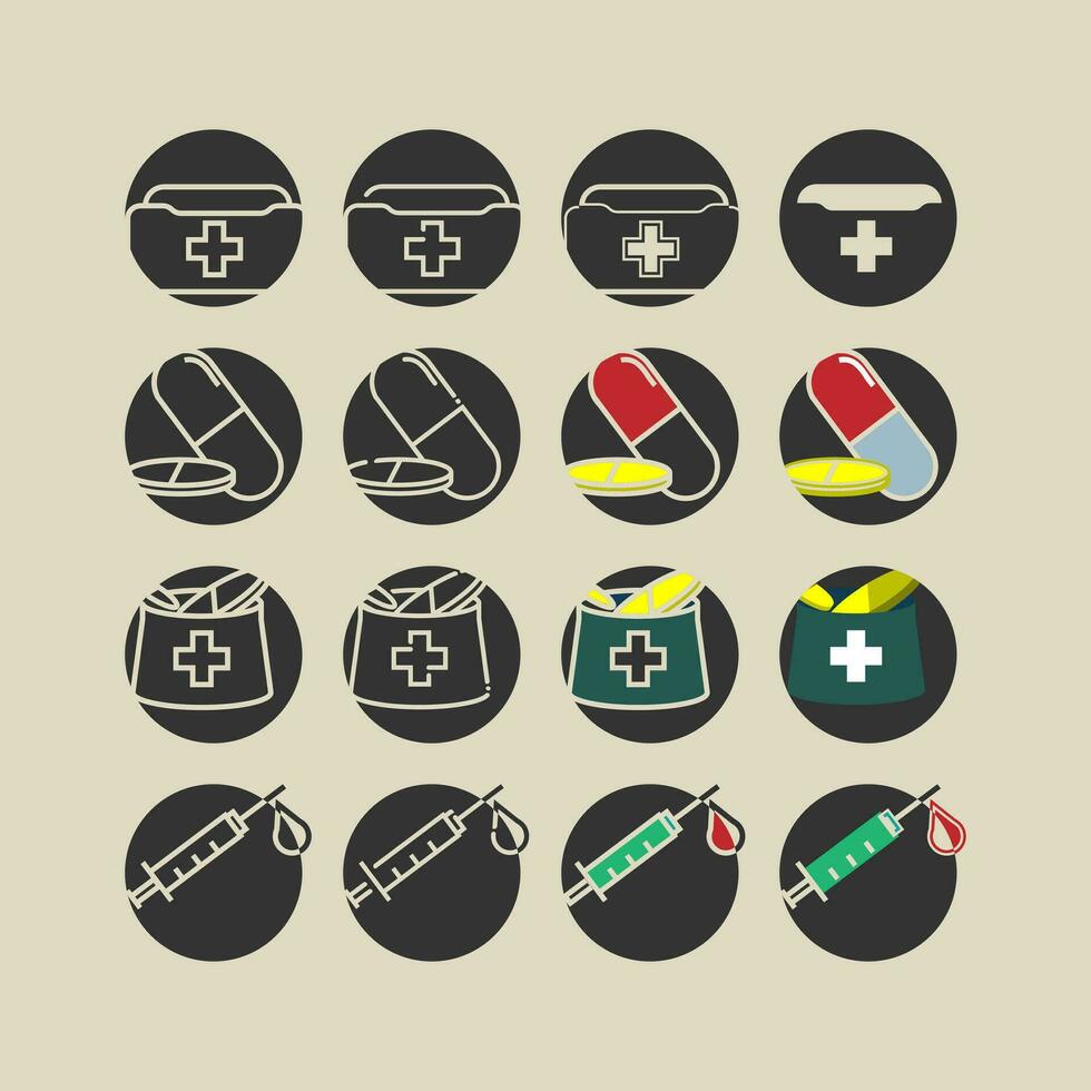 médicament Icônes ensemble dans plat style. capsule, pilules, seringue, croix, premier aide trousse. vecteur