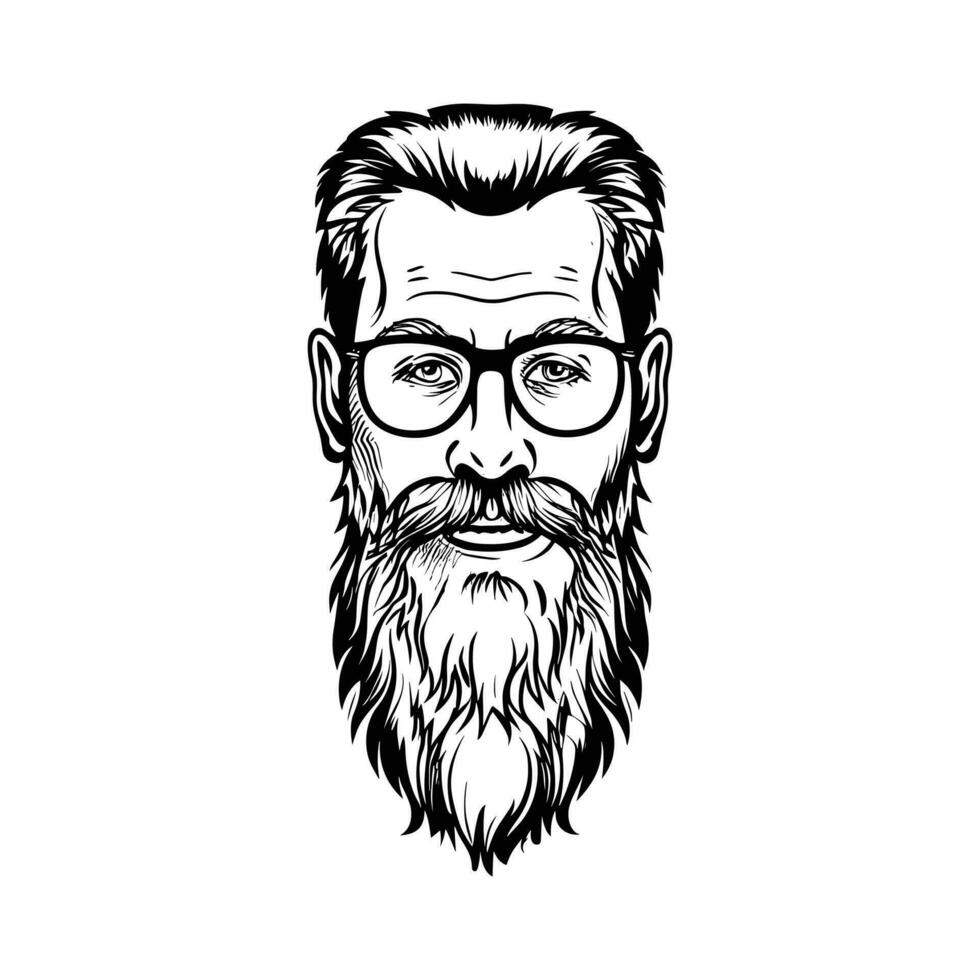 une noir et blanc dessin de une barbu homme avec des lunettes vecteur