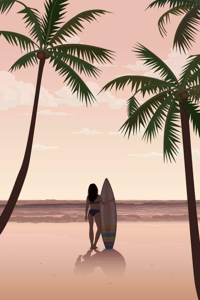 silhouette de surfeur fille avec planche de surf à le plage avoir vanille ciel Contexte verticale forme vecteur illustration.