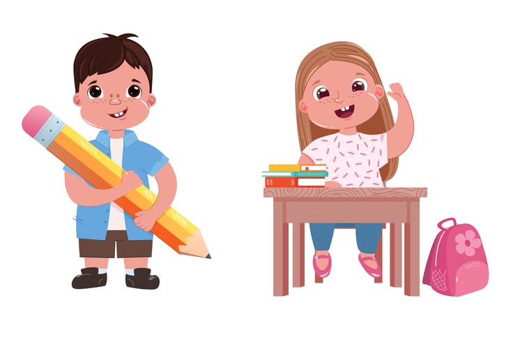 Les enfants vont à l&#39;école. La fille étudie à la leçon. Un garçon avec un livre et un crayon. Illustration de dessin animé de vecteur
