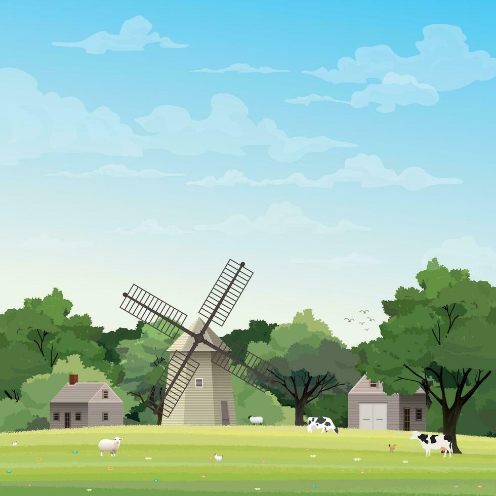 vieux ferme Moulin à vent et bétail dans herbe champ avoir bleu ciel Contexte avoir Vide espace. campagne la vie concept vecteur illustration.