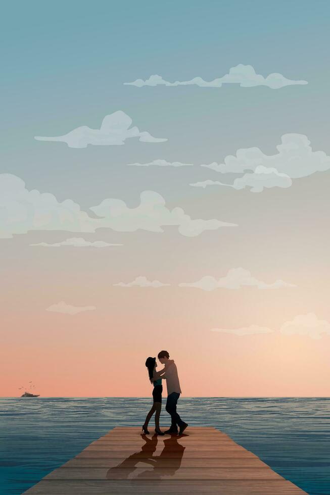 silhouette de amoureux embrassement sur le en bois jetée avoir tropical bleu mer et vanille ciel Contexte vecteur illustration. des couples périple concept plat conception verticale forme avoir Vide espace.