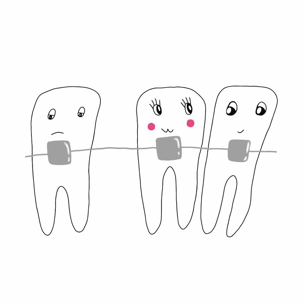 illustration de dessin animé de vecteur d'appareils dentaires mignons, dessinés à la main, doodle