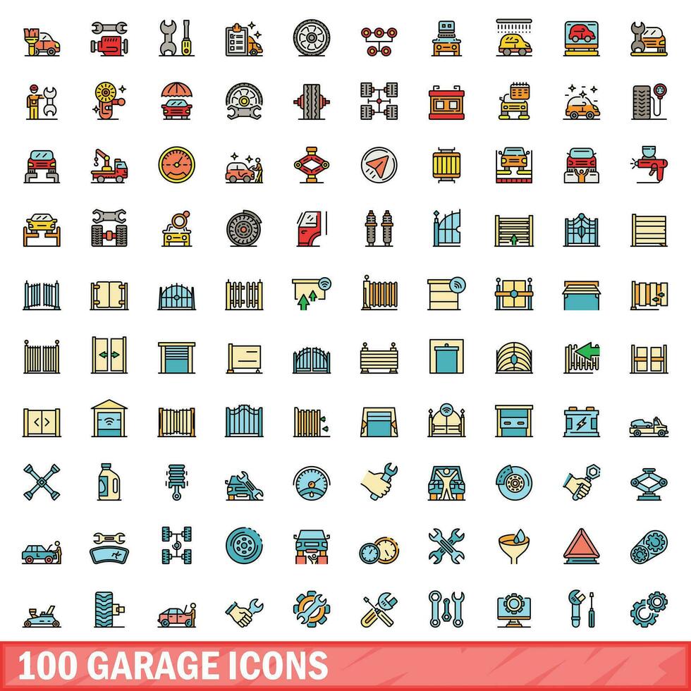 100 garage Icônes ensemble, Couleur ligne style vecteur