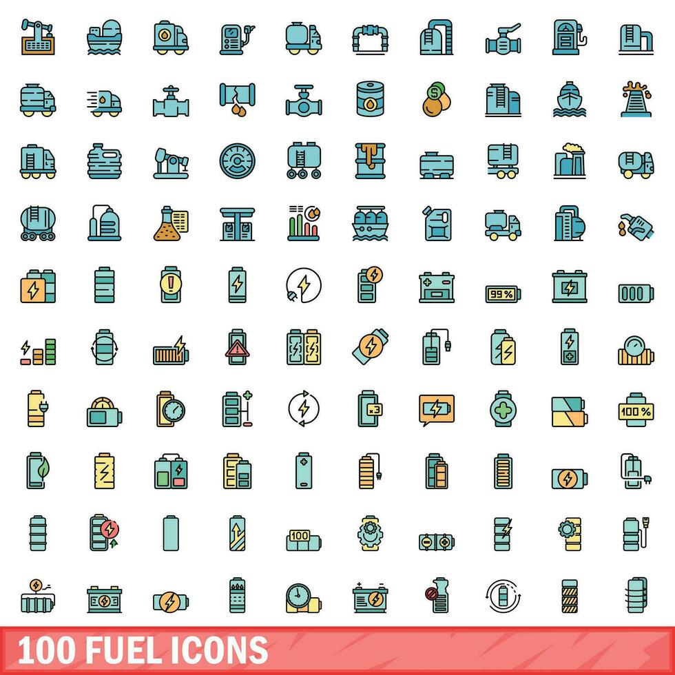 100 carburant Icônes ensemble, Couleur ligne style vecteur
