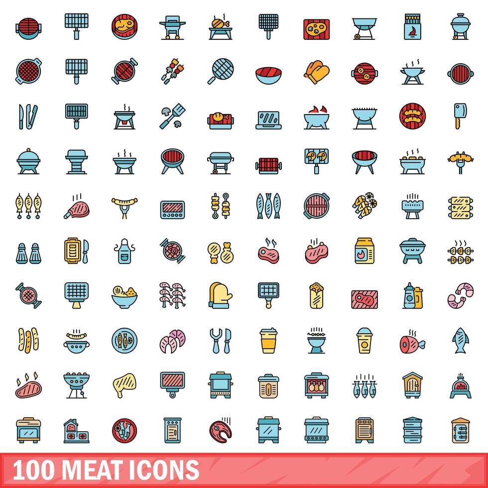 100 Viande Icônes ensemble, Couleur ligne style vecteur