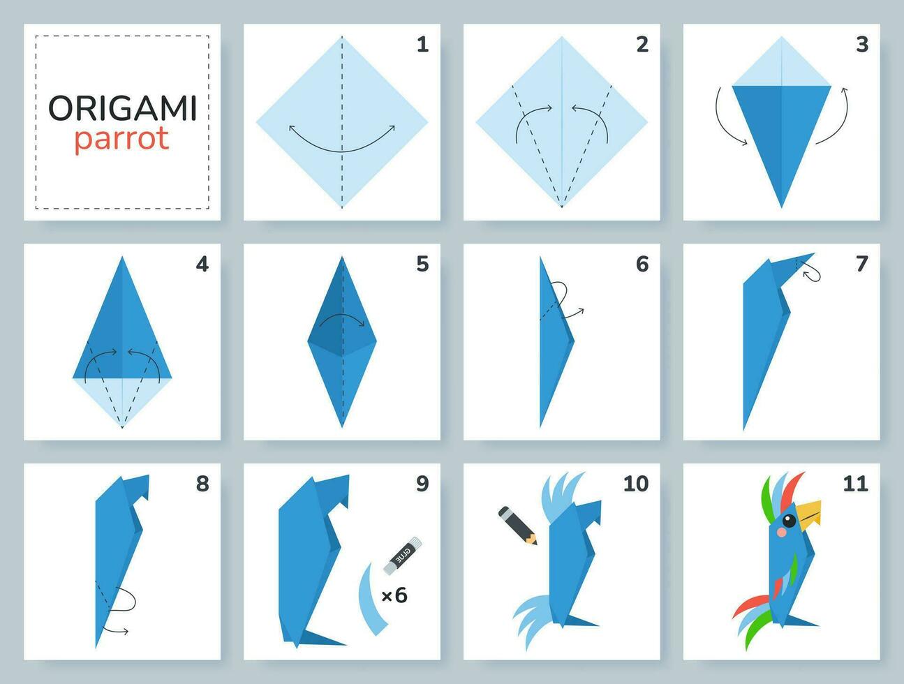 ara perroquet origami schème Didacticiel en mouvement modèle. origami pour enfants. étape par étape Comment à faire une mignonne origami oiseau. vecteur illustration.