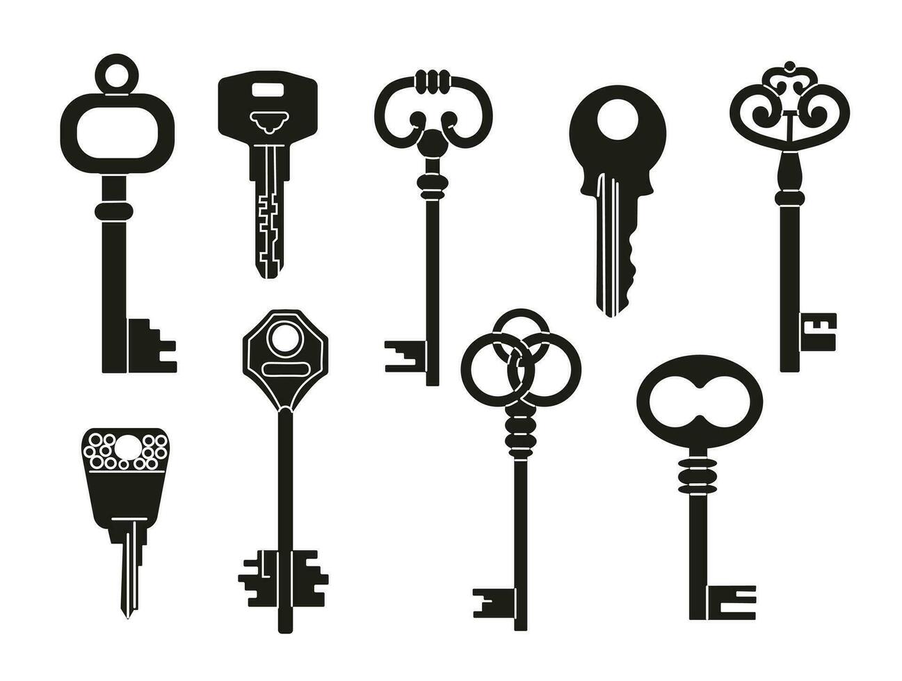 main tiré noir vecteur clés. clés ensemble isolé sur blanc Contexte. divers ancien, vieux, antique et moderne clés. tout éléments sont isolé.