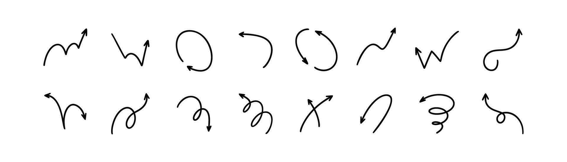 main tiré vecteur La Flèche icône ensemble. griffonnage esquisser stylo, crayon, crayon dessin. chose ligne conception éléments. en haut, bas, droite, gauche, cercle, rebond, spirale direction et mouvement expression