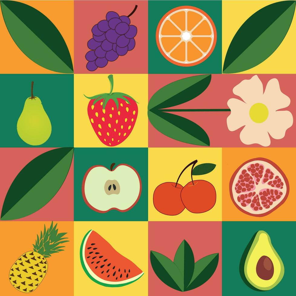 abstrait géométrique modèle avec divers des fruits. abstrait géométrique nourriture, brillant coloré vert et orange. Naturel biologique agriculture Contexte. décor textile, emballage papier, fond d'écran. vecteur