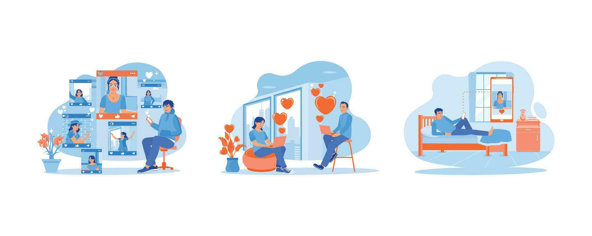 en ligne sortir ensemble concept. visite en ligne sortir ensemble des sites. des couples envoyer l'amour messages à chaque autre. homme à la recherche à une photo de fille. ensemble plat vecteur illustration.