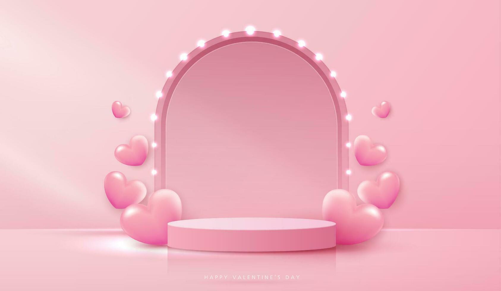 content valentines journée et étape podium décoré avec cœur forme. piédestal scène avec pour produit, cosmétique, publicité, montrer, prix cérémonie, sur rose Contexte et lumière. vecteur conception.