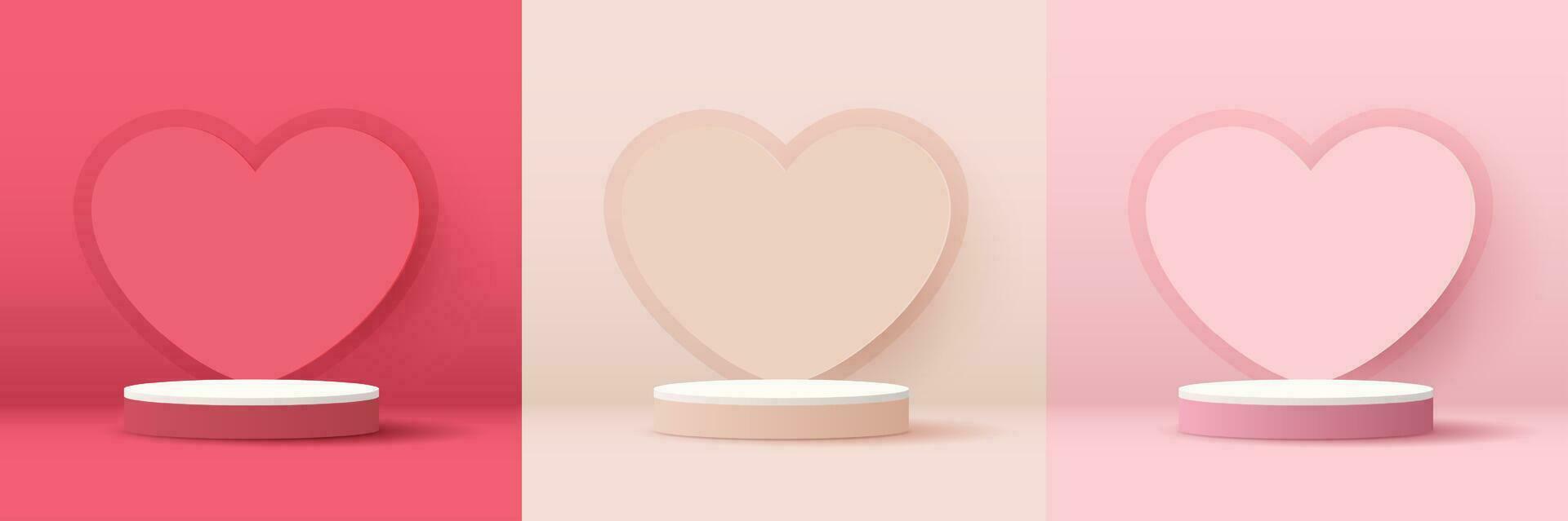 ensemble content valentines journée et étape podium décoré avec cœur forme éclairage. piédestal scène avec pour produit, cosmétique, publicité, montrer, prix cérémonie, sur rose Contexte. vecteur conception.