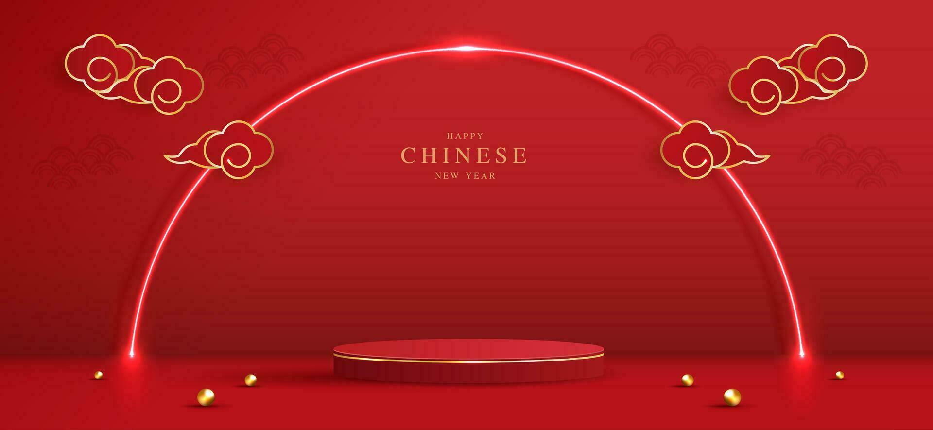 podium style chinois pour le nouvel an chinois et les festivals ou le festival de la mi-automne avec fond rouge. maquette de scène avec des lanternes et des nuages festifs. conception de vecteur. vecteur