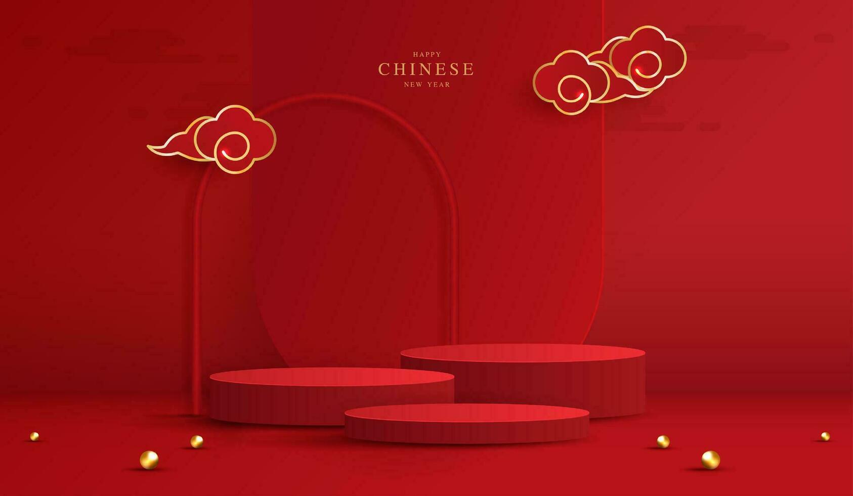 podium style chinois pour le nouvel an chinois et les festivals ou le festival de la mi-automne avec fond rouge. maquette de scène avec des lanternes et des nuages festifs. conception de vecteur. vecteur