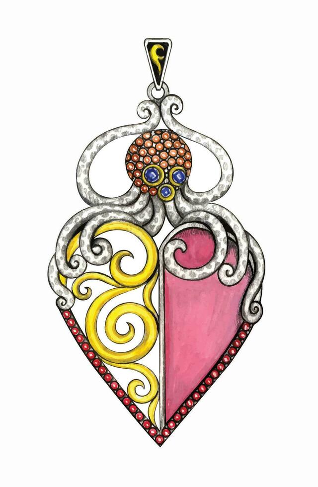bijoux conception art ancien cœur mélanger poulpe pendentif conception par main dessin sur papier. vecteur