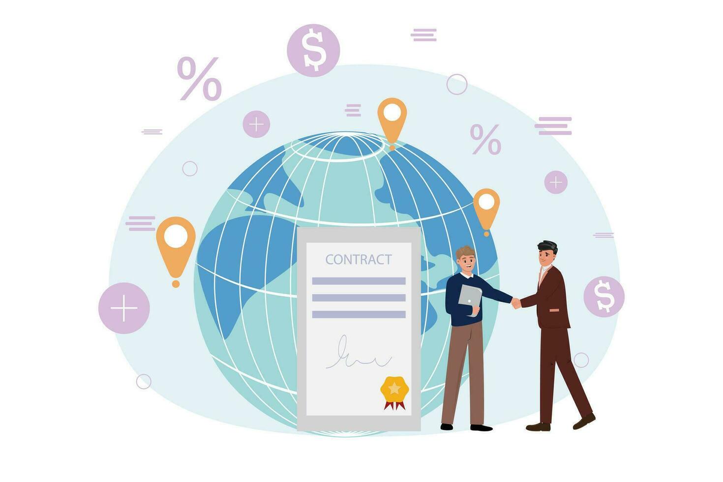 global affaires Partenariat plat vecteur illustration. deux Hommes tremblement mains et fabrication accord.