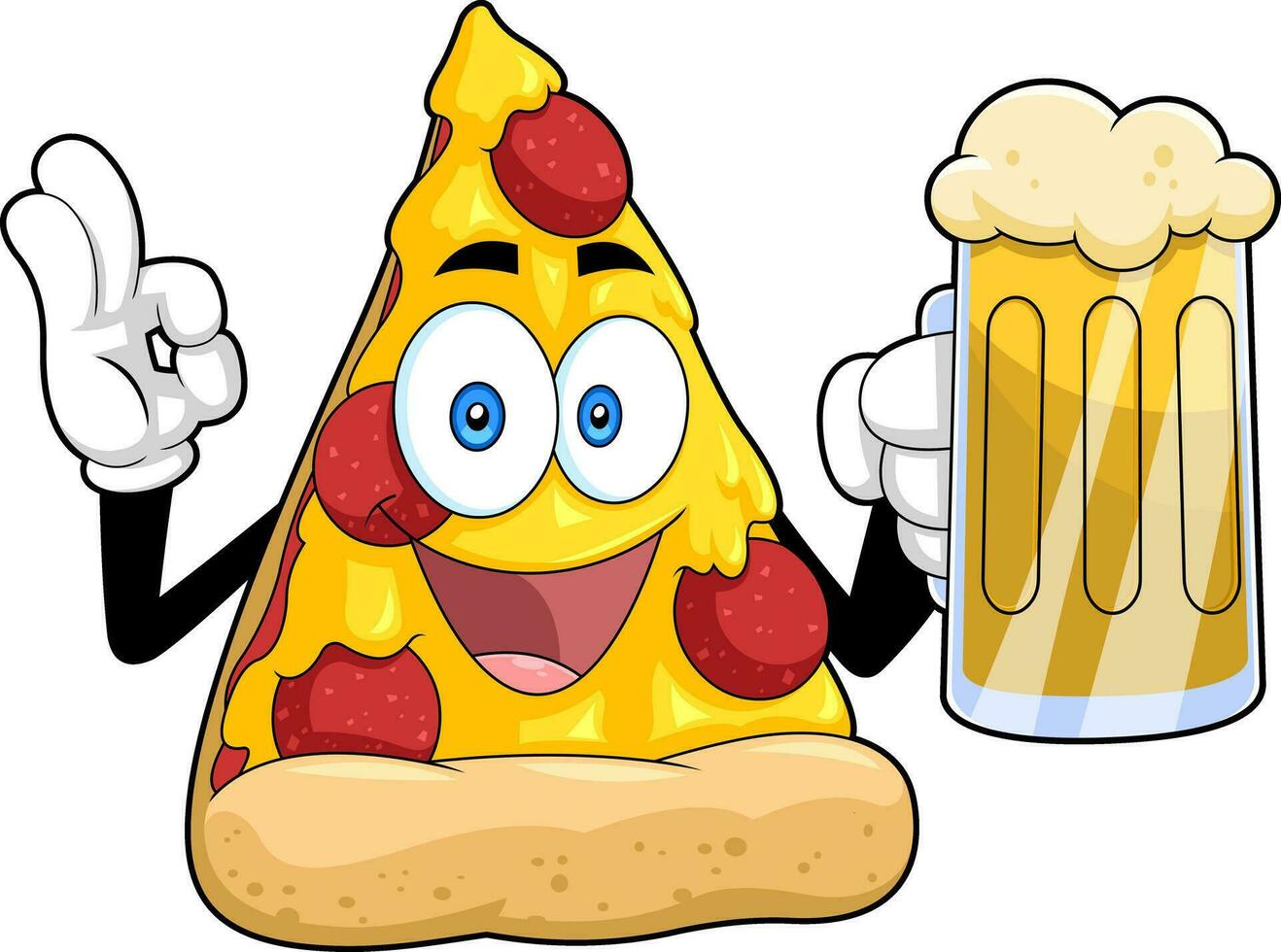 content Pizza tranche dessin animé personnage en portant une Bière verre vecteur