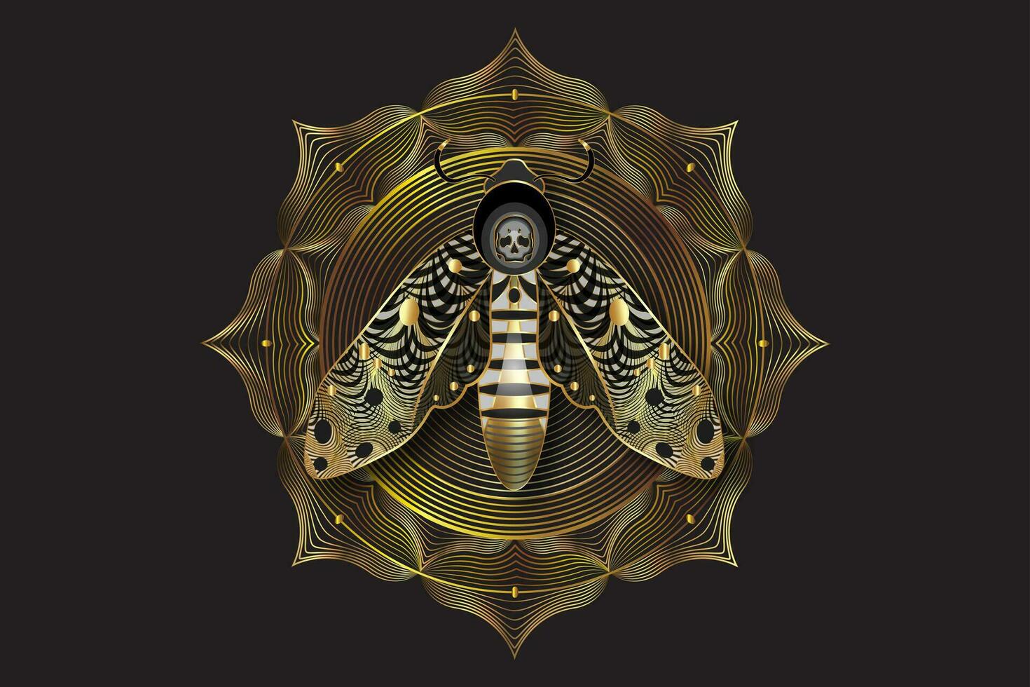 or lotus mandala sur le décès tête papillon de nuit dans foncé or couleurs. sacré géométrie. nuit mystique papillon avec une crâne. luxe vecteur de achérontie ailé insecte isolé sur noir Contexte