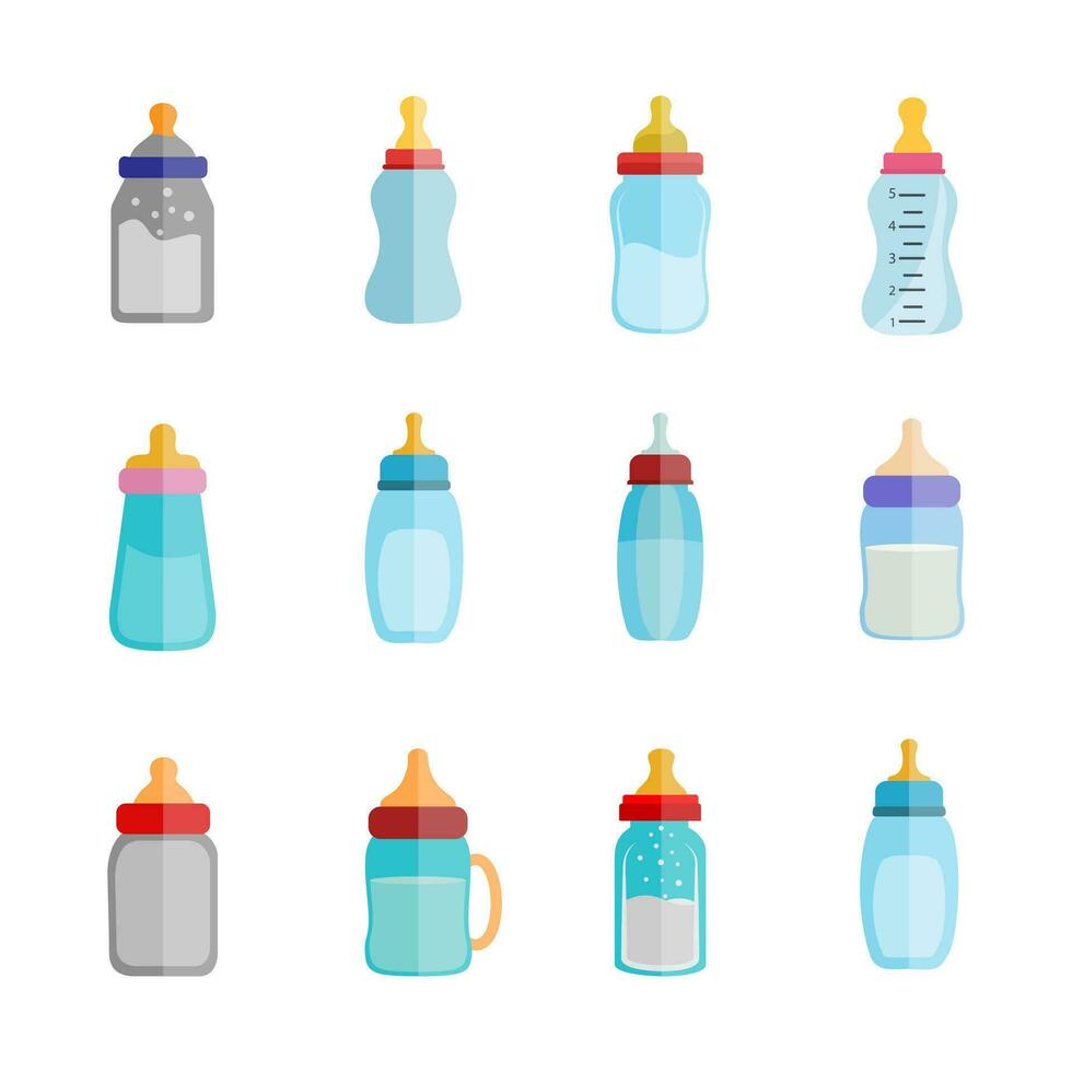 meilleur ensemble de bébé alimentation bouteille vecteur illustration agrafe art collection. Lait bouteille pour enfant vecteur. bébé alimentation bouteille, santé graphique Plastique bouteille, consolateur 3d contour réaliste, bébé lait.