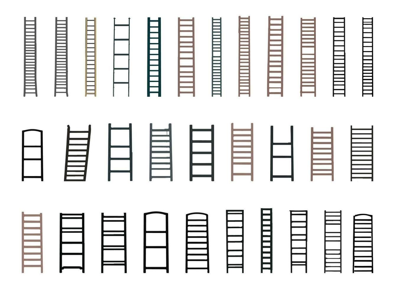 ensemble de en bois et échelles vecteur illustration sur une blanc arrière-plan, escalier illustration agrafe art isolé Facile couleur. échelles contour noir couleur.