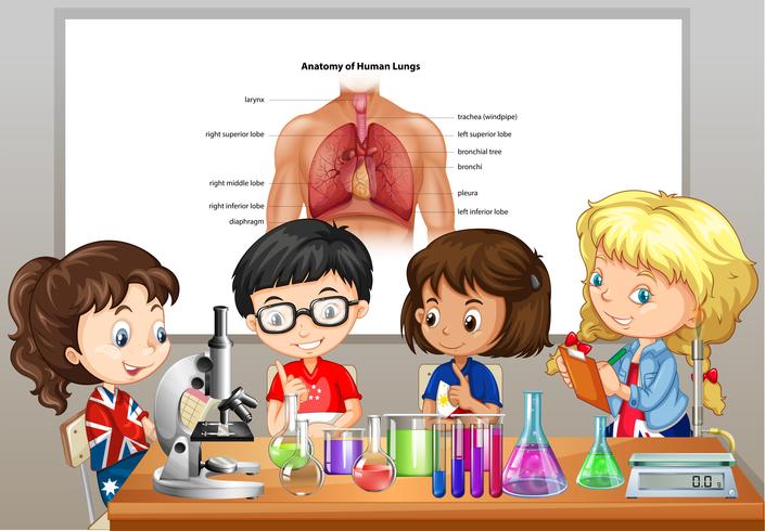 l'enfant apprend la chimie et la science en laboratoire avec l'enseignant  12640749 Photo de stock chez Vecteezy