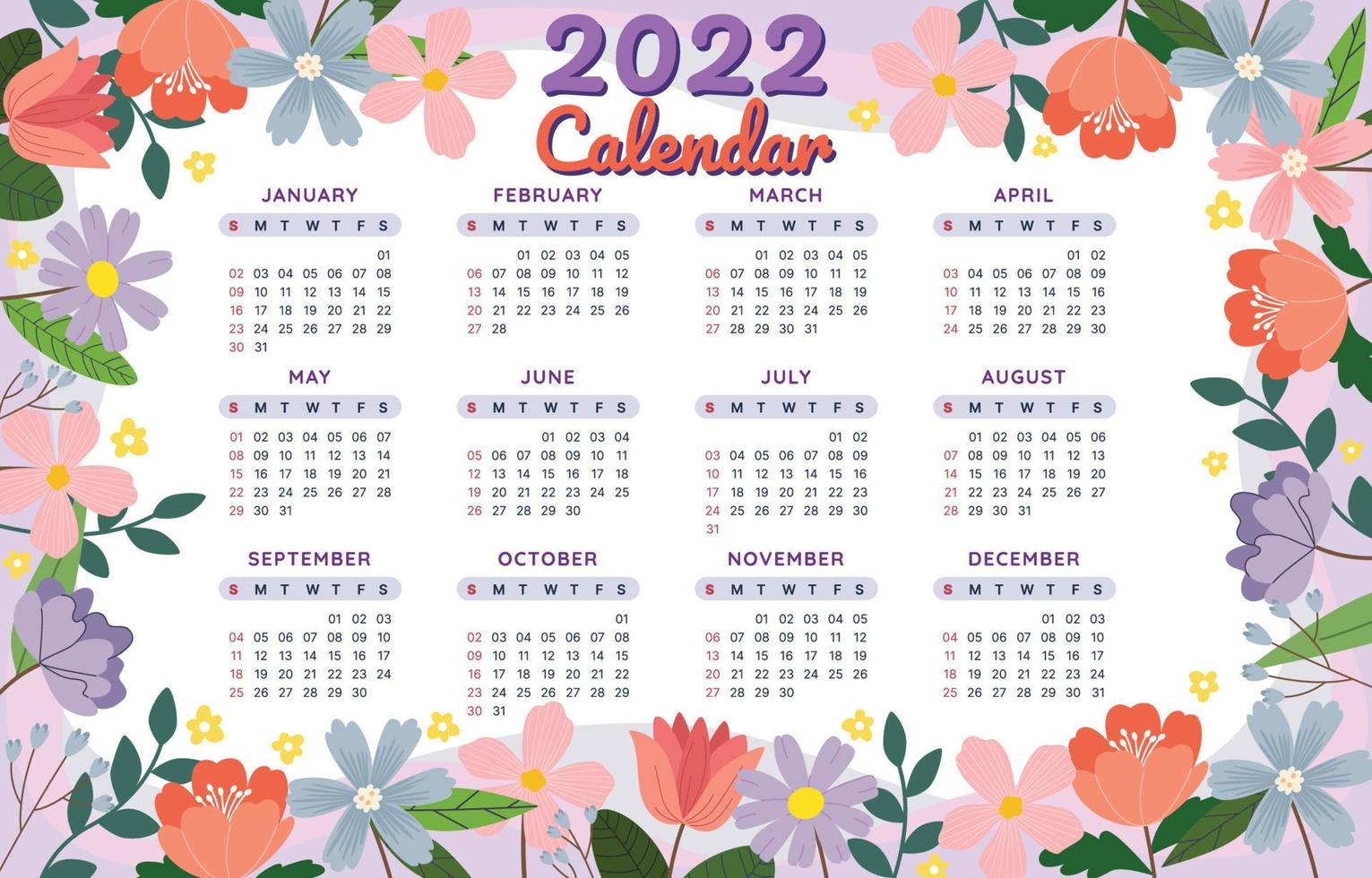 nouvel an 2022 calendrier fleur dessiné à la main vecteur