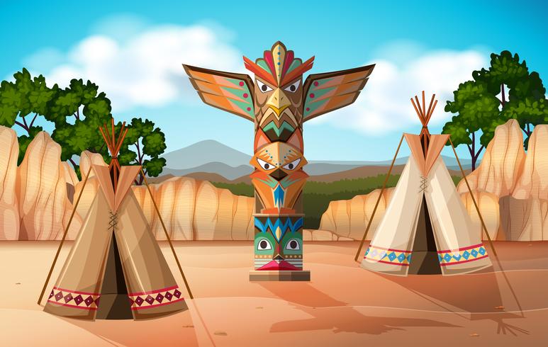 Scène avec tipi et totem vecteur