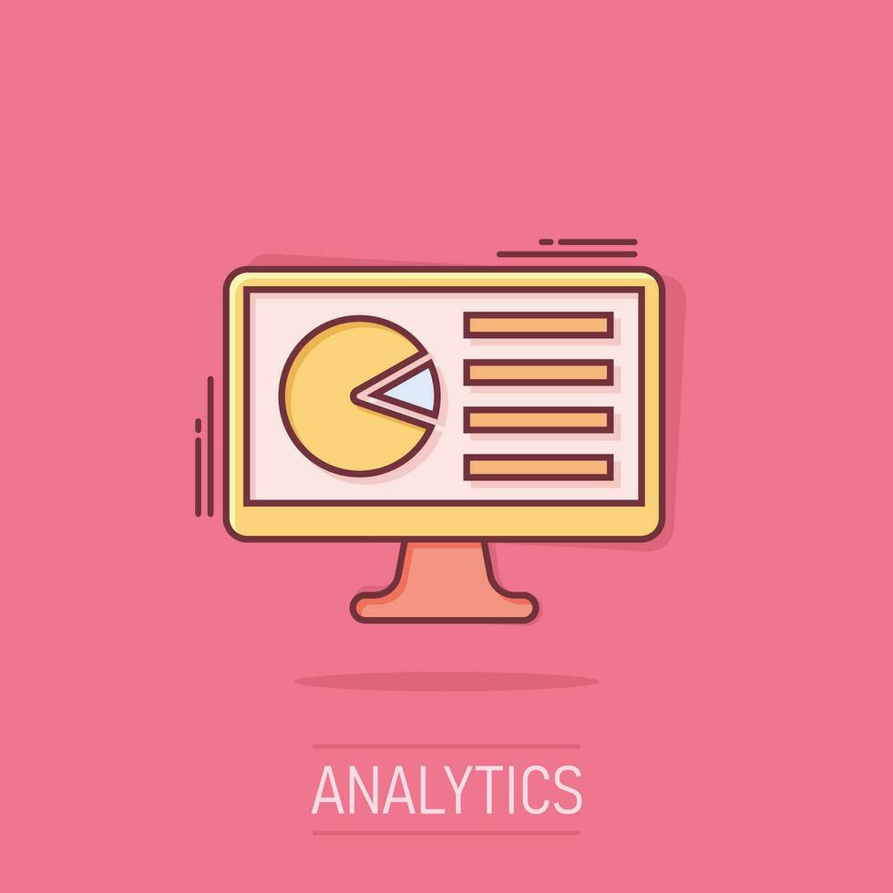 icône de moniteur analytique dans le style comique. illustration de dessin animé de vecteur de diagramme sur fond blanc isolé. effet d'éclaboussure de concept d'entreprise statistique.