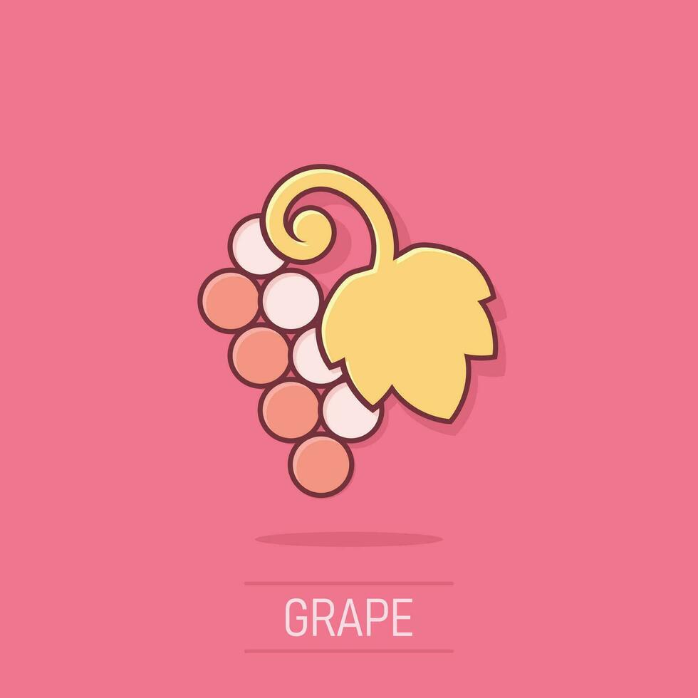 icône de signe de fruits de raisin dans le style comique. illustration de dessin animé de vecteur de vigne sur fond blanc isolé. effet d'éclaboussure du concept d'entreprise de raisins de cuve.