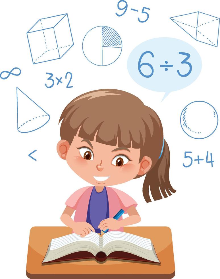 fille apprenant les mathématiques avec le symbole et l'icône mathématiques vecteur