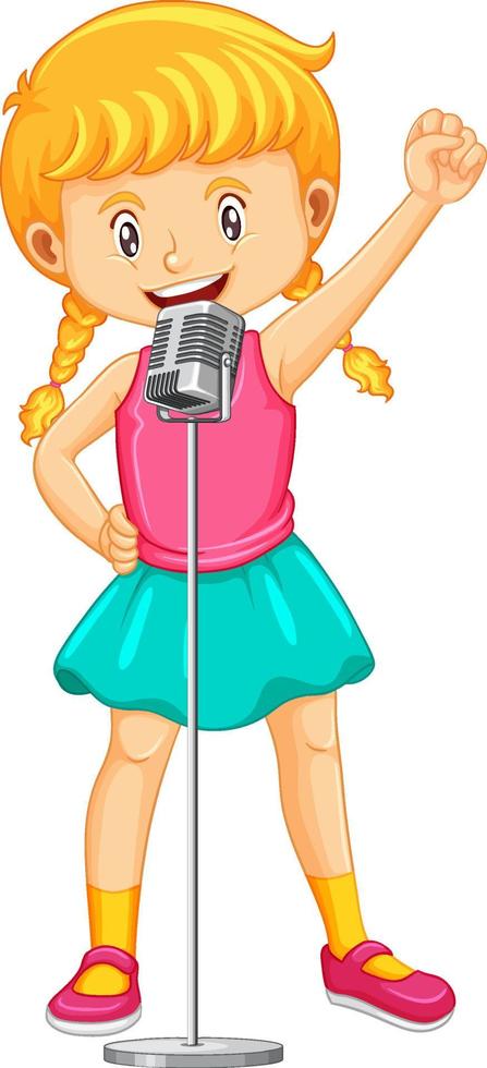 content fille avoir amusement en chantant dans microphone dans karaoké.  souriant enfant prendre plaisir loisir temps chanter chanson dans micro  dans club. divertissement et passe-temps. vecteur illustration. 20251283  Art vectoriel chez Vecteezy