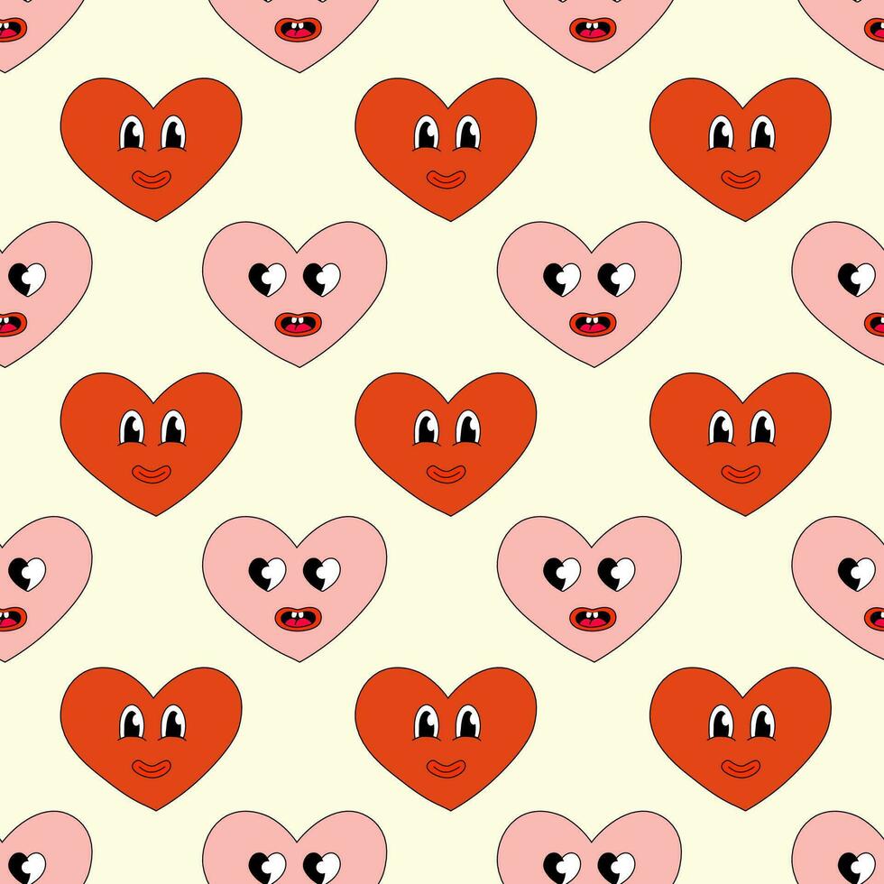 sans couture modèle avec cœurs rouge et rose personnages sourire pour Valentin journée. mascotte dans sensationnel et y2k style. vecteur dessin animé illustration.