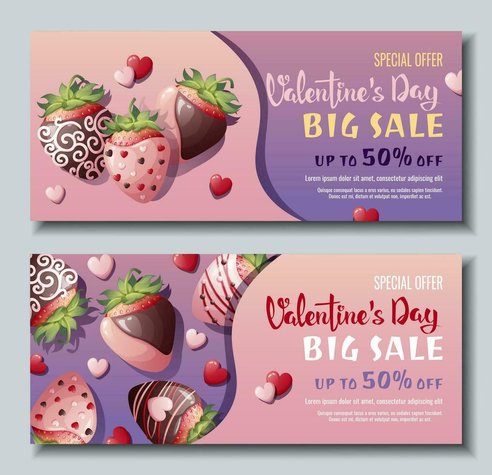 ensemble de vente bannières pour Valentin s journée. arrière-plan, affiche avec mûr des fraises dans Chocolat. remise bon modèle pour l'amour journée. vecteur