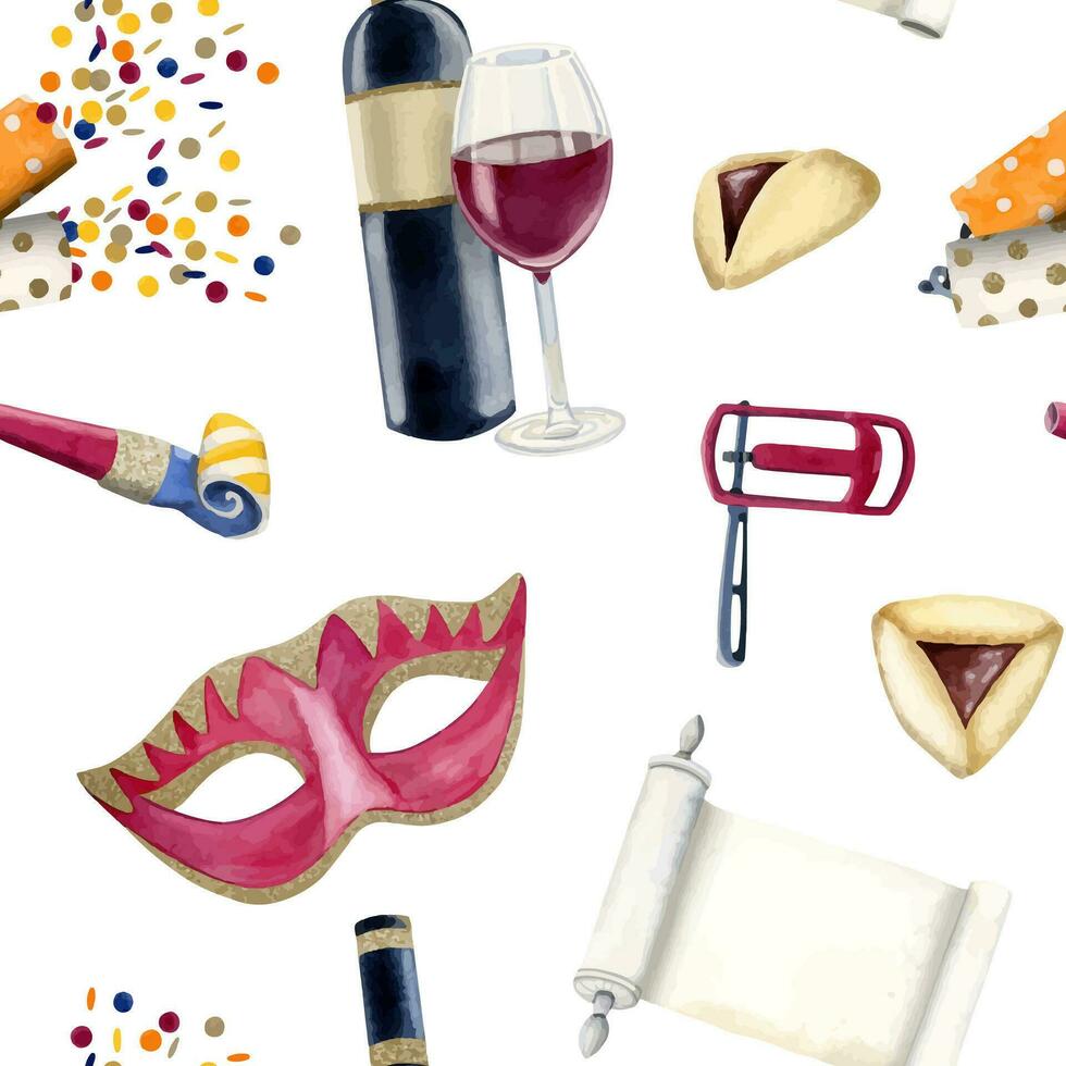 pourim symboles vecteur sans couture modèle avec carnaval aquarelle kascher vin, magilat Esther, masques, Raashan, biscuits