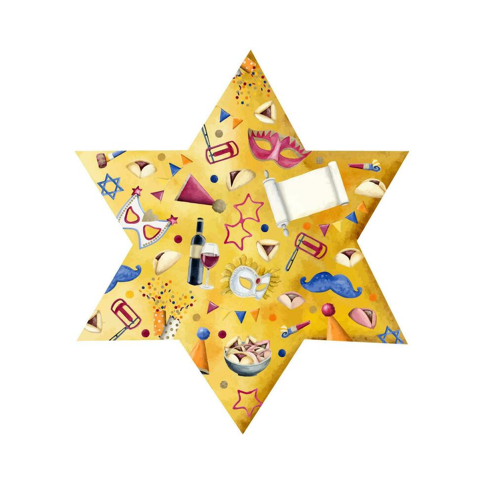 aquarelle pourim symboles sur brillant Jaune juif étoile de David, masques, Raashan, hamantaschen, faire défiler pour affiche, carte vecteur illustration