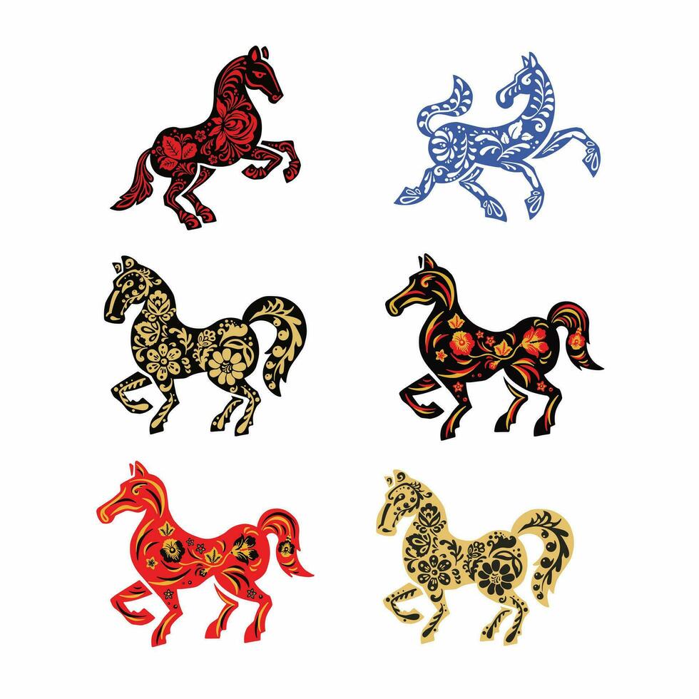 ensemble de cheval, cheval avec rétro ethno vecteur illustration eps dix