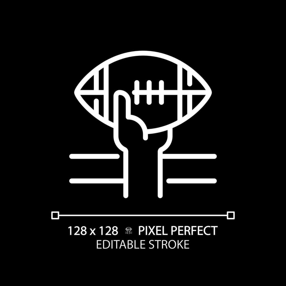 atterrissage blanc linéaire icône pour foncé thème. américain Football règles. notation jouer. joueur porter peau de porc balle. gagnant équipe. mince ligne illustration. isolé symbole pour nuit mode. modifiable accident vasculaire cérébral vecteur
