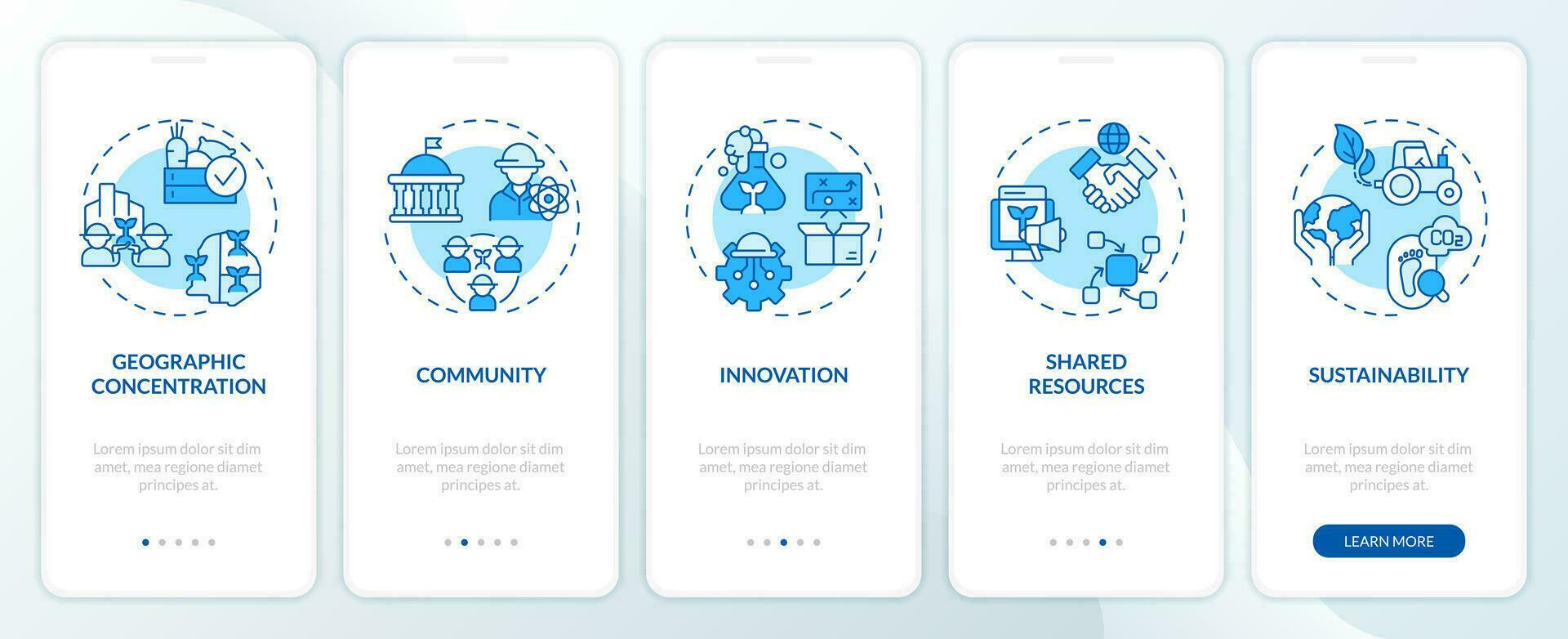 2d Icônes représentant les caractéristiques de agroalimentaire grappes mobile app écran ensemble. procédure pas à pas 5 pas bleu graphique instructions avec mince ligne Icônes concept, interface utilisateur, ux, gui modèle. vecteur