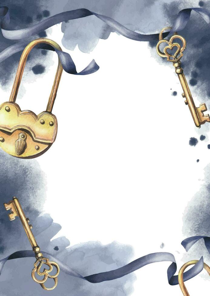 d'or serrures avec clés, rubans, taches et éclaboussures. main tiré aquarelle illustration. cadre, verticale modèle pour texte vecteur