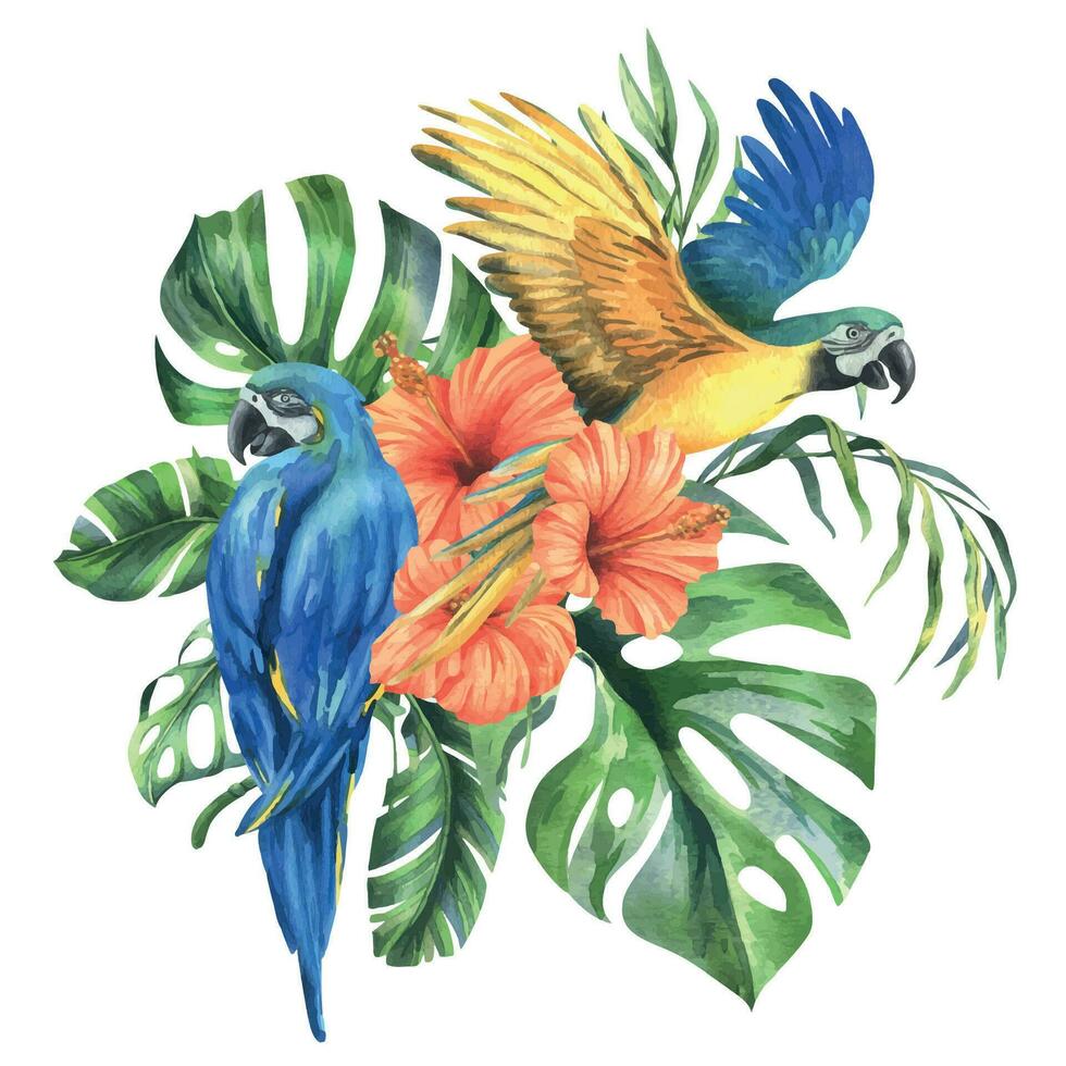tropical paume feuilles, monstera et fleurs de plumeria, hibiscus, brillant juteux avec bleu jaune ara perroquet. main tiré aquarelle botanique illustration. composition isolé de le Contexte vecteur