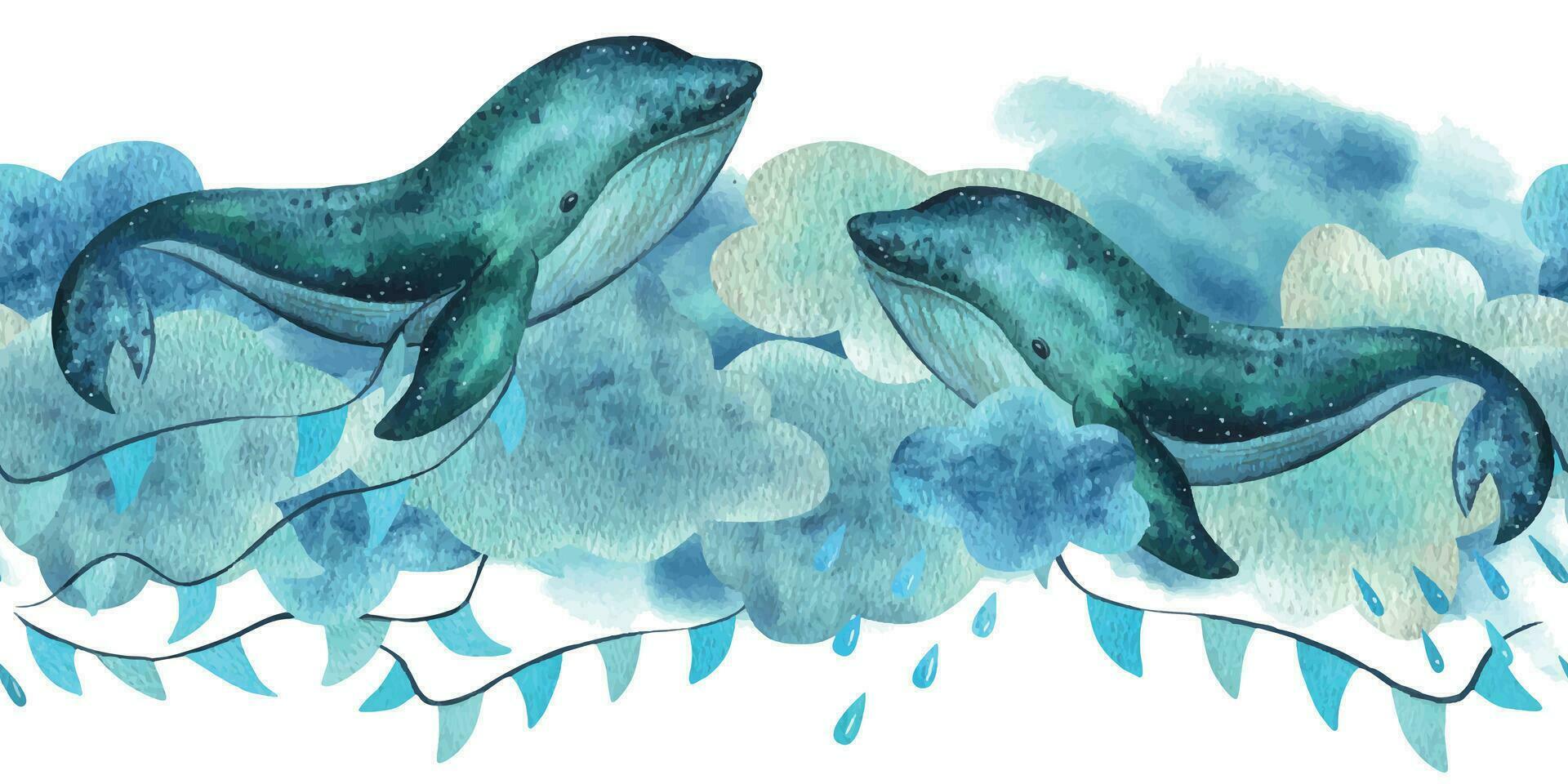 une bébé baleine nage sur le mer et mouches dans le ciel avec guirlandes de drapeaux parmi le des nuages et gouttes de pluie. main tiré enfants aquarelle illustration. sans couture frontière vecteur