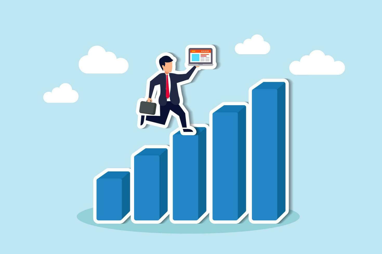 croissance ou amélioration, le progrès sur carrière chemin à atteindre affaires but, motivation à succès, étape à compétence développement concept, homme d'affaire travail sur portable marcher en haut croissance graphique et graphique. vecteur