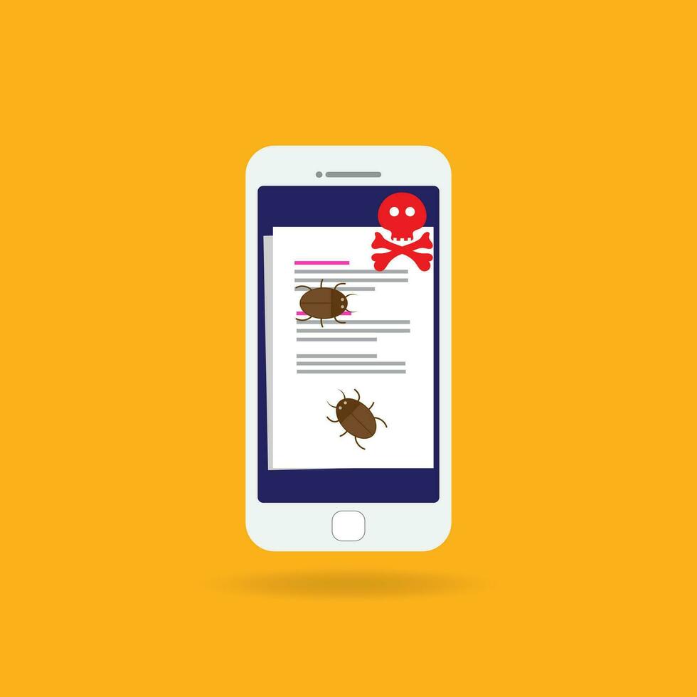 malware notification sur téléphone intelligent remarquer vecteur, plat mobile téléphone et crâne des os bulle rouge alerte, concept de Spam données, fraude l'Internet Erreur message, peu sûr connexion, en ligne escroquer, virus. vecteur