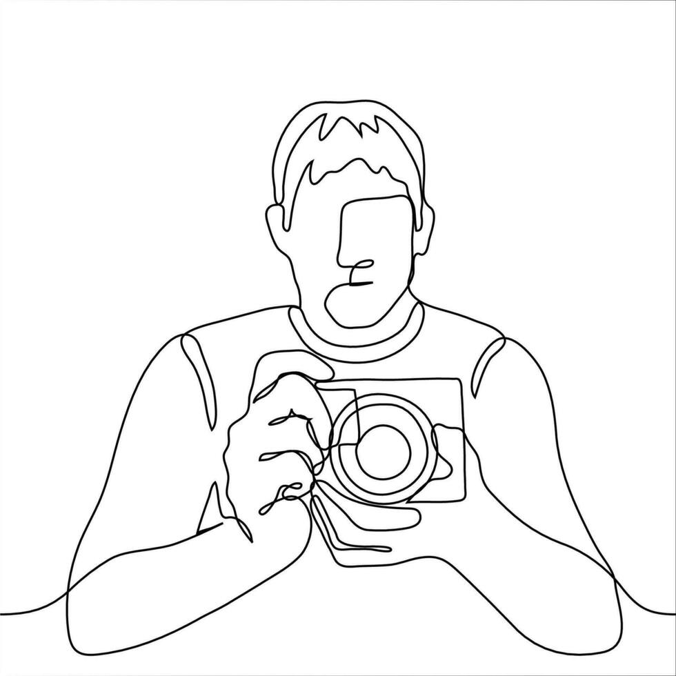 homme est assis dans de face de une miroir avec une professionnel caméra et prend des photos de lui-même, le miroir est ne pas visible. vecteur un continu ligne art professionnel photographe prise selfie