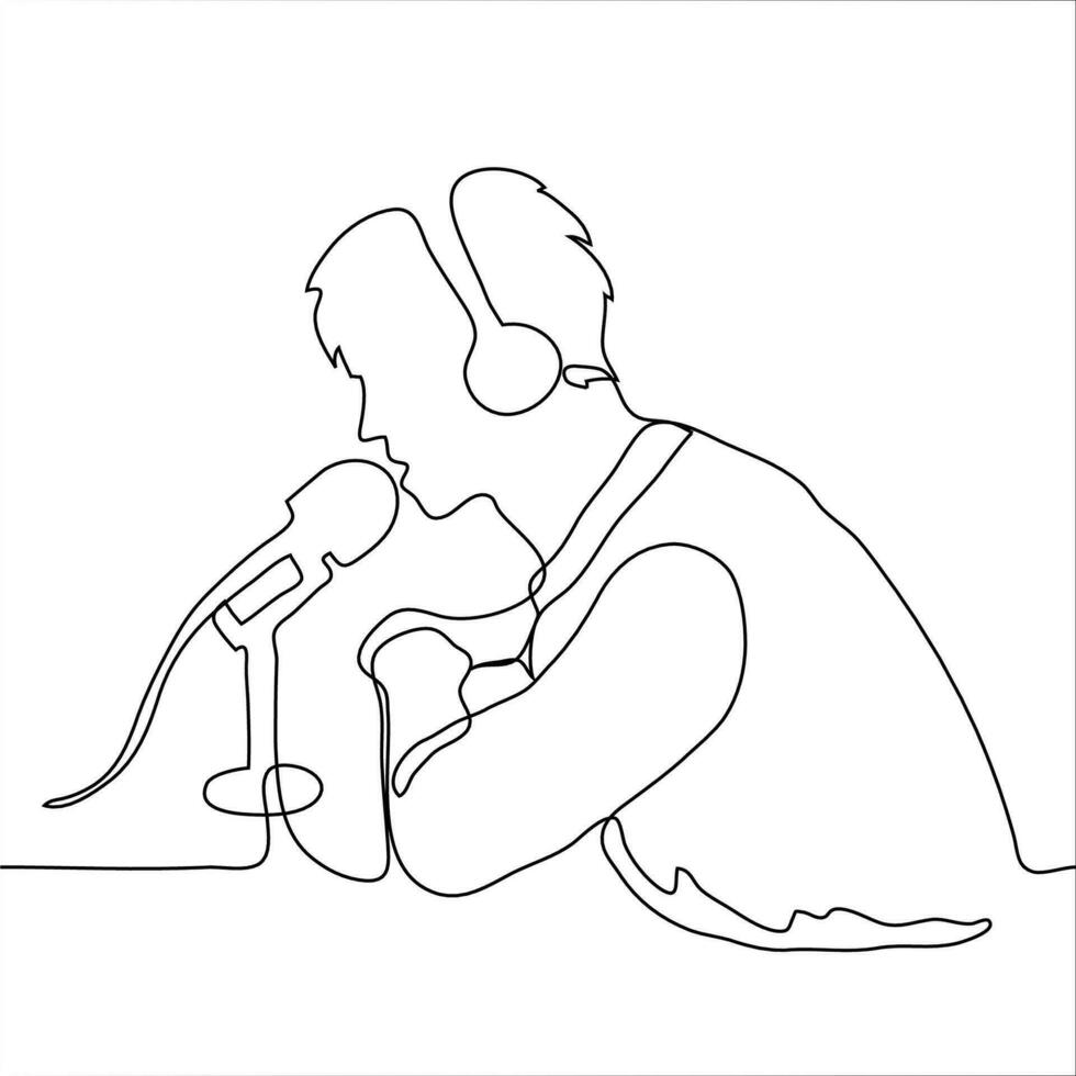 homme avec écouteurs est assis à le microphone et émissions. un continu ligne dessin de une présentateur ou client Podcast parle dans une microphone. pouvez être utilisé pour animation. vecteur