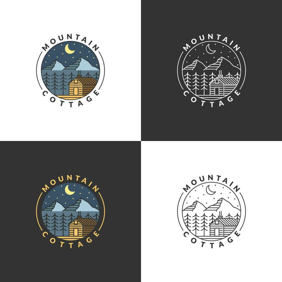 Montagne nuit et chalet badge vecteur illustration avec monoline ou ligne art style